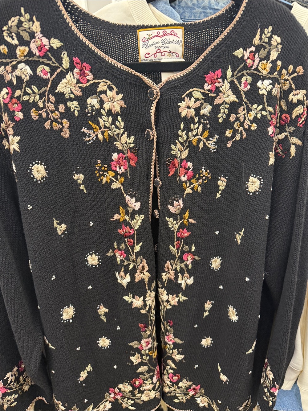 Black Floral Embroidered Open-Front Cardigan Sweater